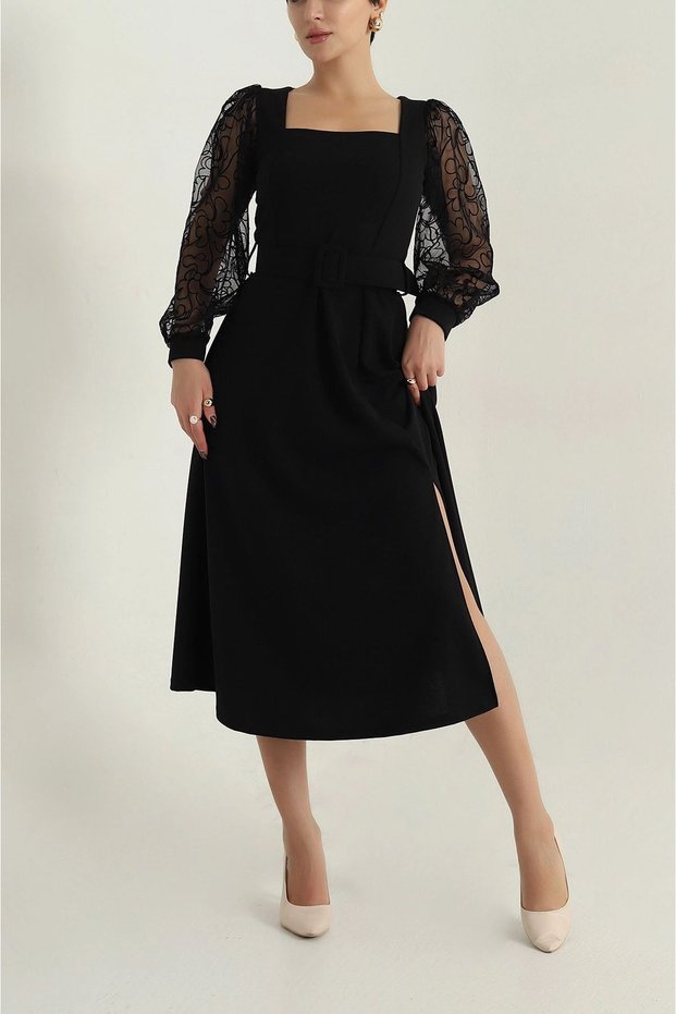 Women's Black Crepe Fabric Belted Long Tulle Sleeve Square Neck Midi Length Dress 1C-4376