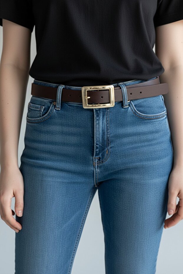 Women's Belt Gold Buckle Dark Brown