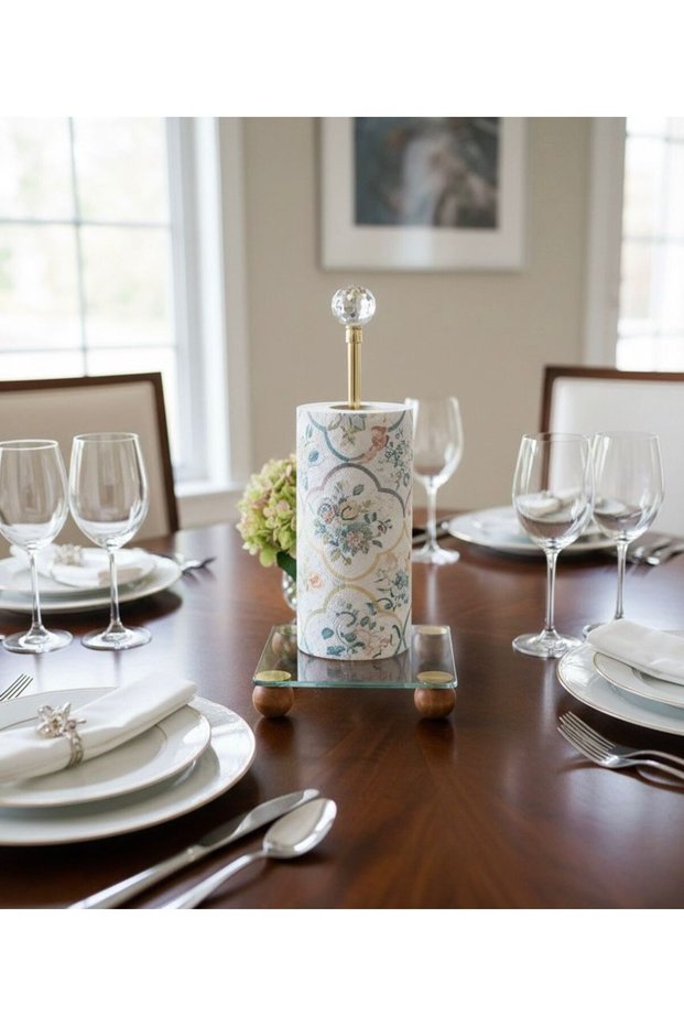 Gold Decorative Wooden Ball Pedestal Glass Paper Towel Holder, Napkin Roll Paper Towel Organizer