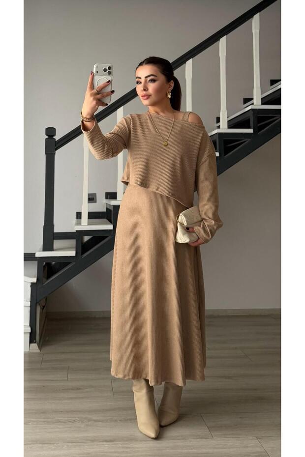 Beige Thick Strap Flared Dress-Blouse Set