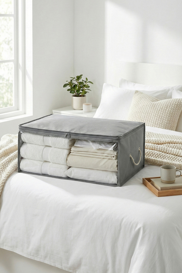 Gray Medium Size Windowed Underbed Sweater Pique Blanket Clothes Storage Box / 52X28X21