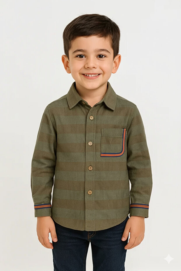Olive Horizon: Boys’ Striped Long-Sleeve Button-Down with Contrast Pocket Shirt
