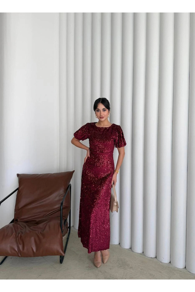 Payetli Maxi Elbise Bordo - 4