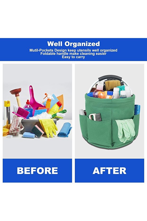 Cleaning Bucket with Handle - 17L Collapsible Multi-Pocket Tool Organizer (Green)