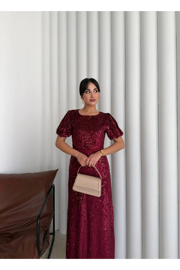 Payetli Maxi Elbise Bordo - 6