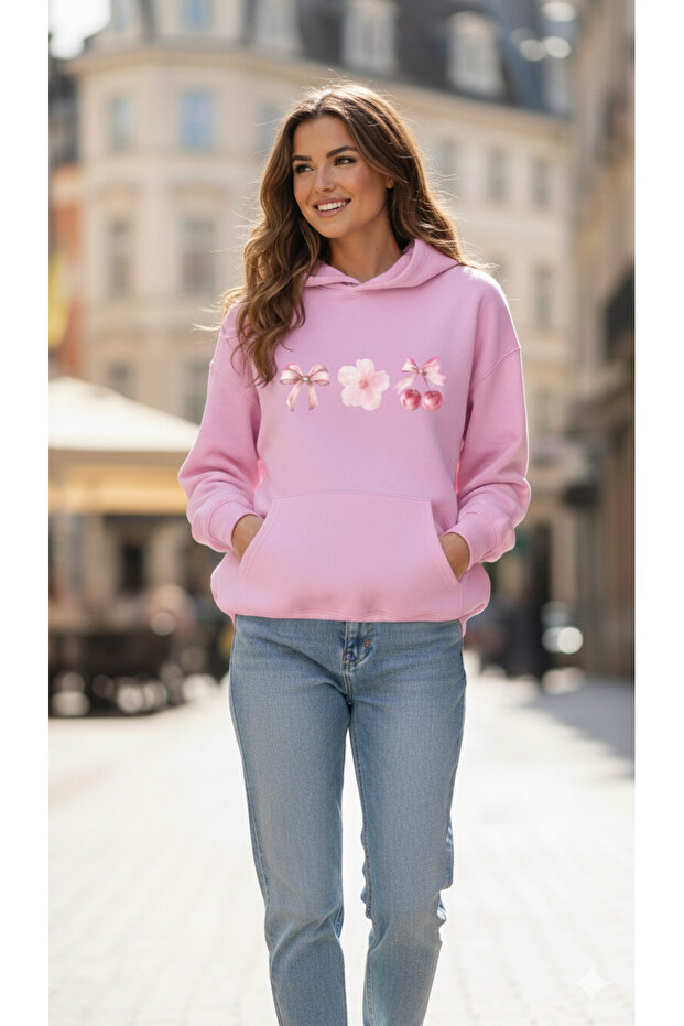 Oversized Pink Cherry Ribbon Printed Hooded Sweatshirt -Hoodie