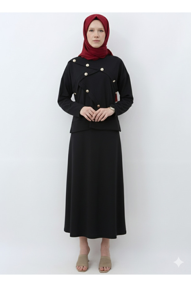 Women's Woven Fabric Button Detailed Long Skirt Hijab Set