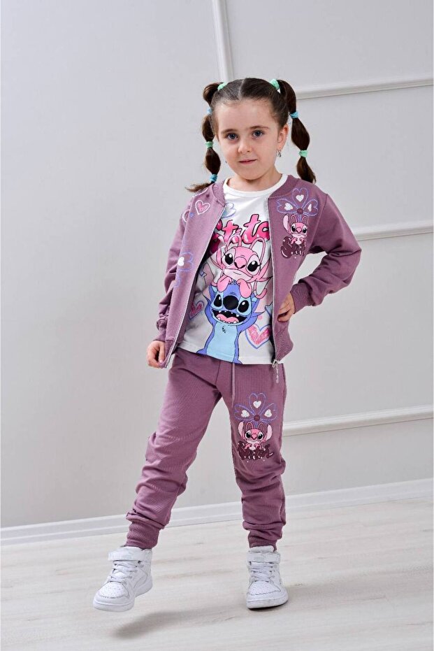 Girl's Three-Piece Combination Set with Plum Cardigan