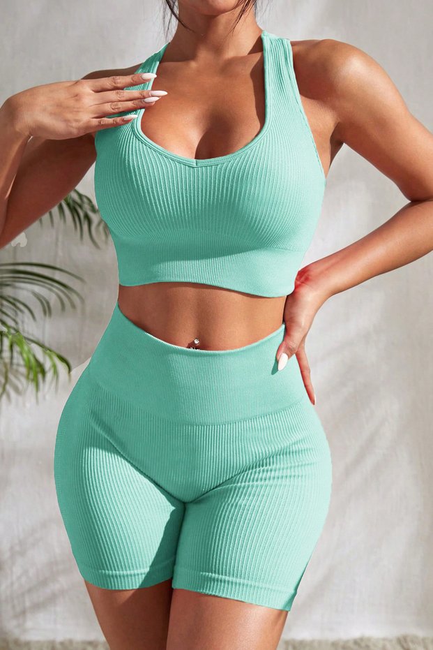 Women's Light Blue High Waist Cross Back Detailed Shorts Nightgown Set