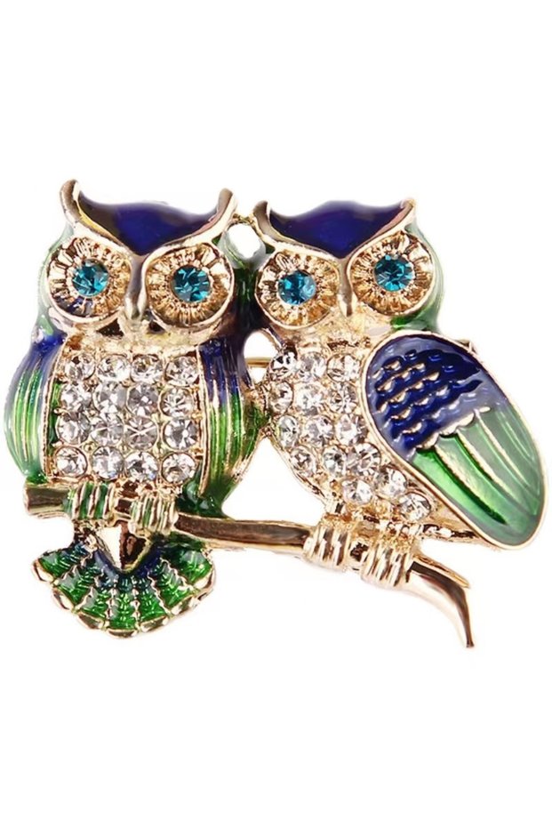 owl Trendy Double Owl Brooches Rhinestone Brooch Badge Pin Bird Animal Party Casual Suit Decoration