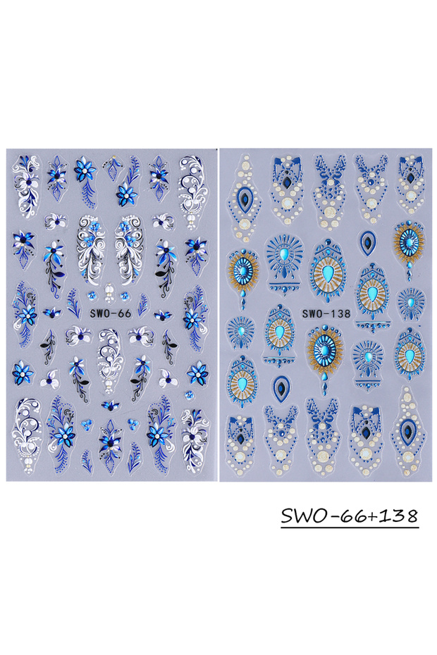 SWO-66 138 2pcs Nail Art Stickers White Blue Totem Petals Pattern Self-adhesive Nail Decals Bohemian