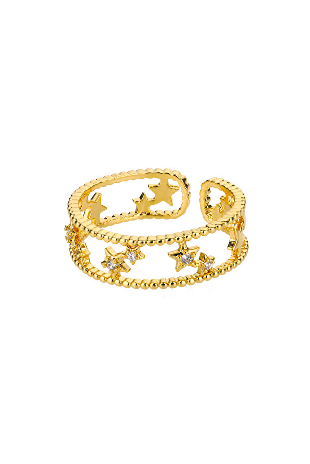resizable JZ2482G-2 Zircon Star Ring For Women Stainless Steel Cute Star Double Layer Adjustable Fin