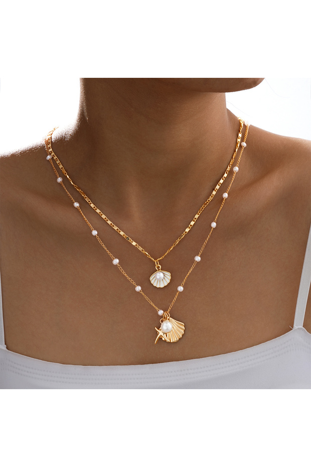 AYA6508401 4Pcs/Set Shiny Shell Starfish Conch Flower Necklaces for Women Simple Imitation Pearl Gol