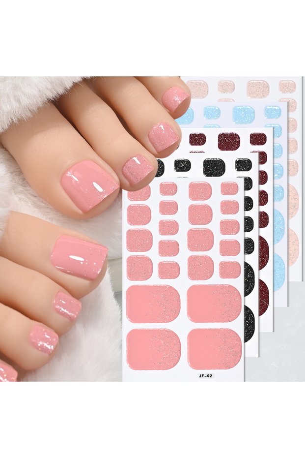 S1 5Sheets/110Tips Summer Glitter Toe Nail Stickers Full Cover Nail Wraps Solid Color Adhesive Toena