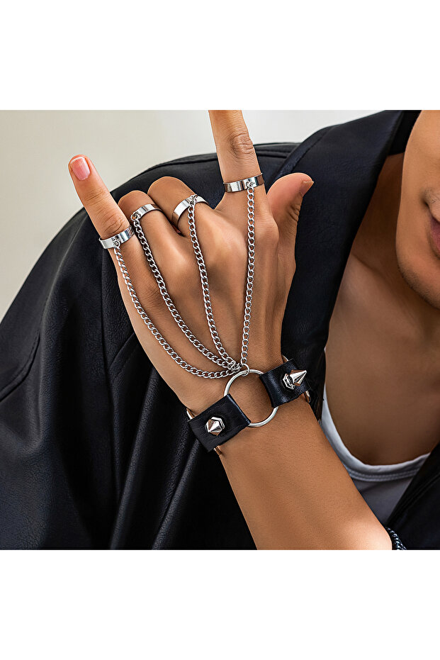 silver color KunJoe Gothic Rivet Black PU Leather Link Chain Bracelet With Finger Ring for Men Punk