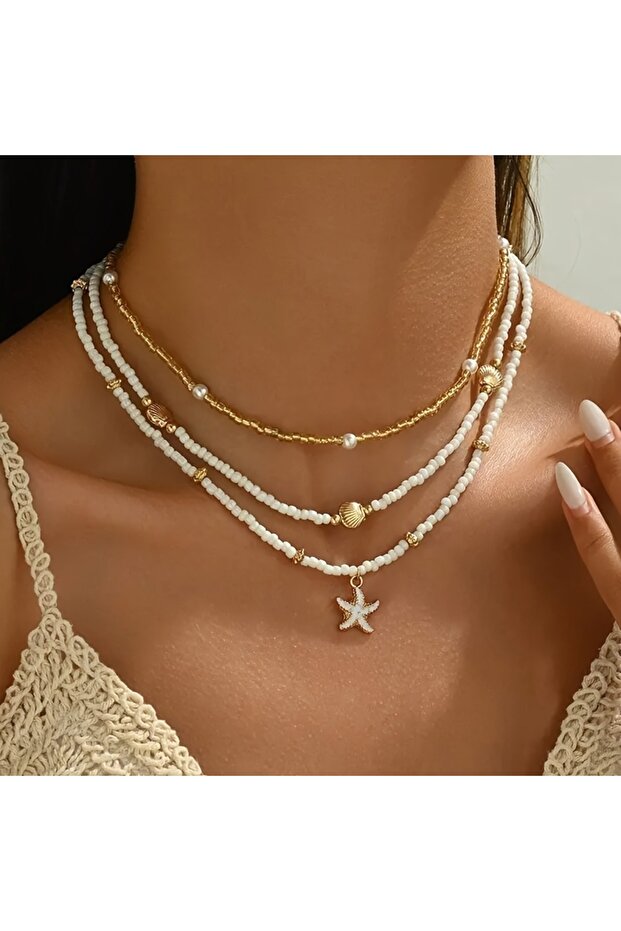 MULTI 1 new Bohemian conch starfish stacked necklace suit suitable for holiday.