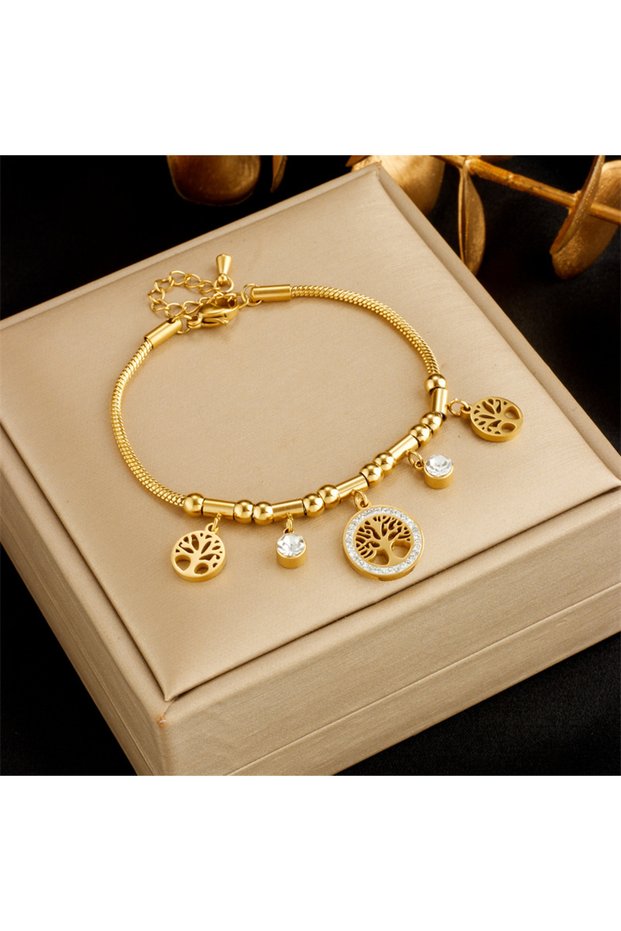ASL70497 316L Stainless Steel Elegant Gold Color Tree - of - Life Charms Bracelet With Shiny Zircon
