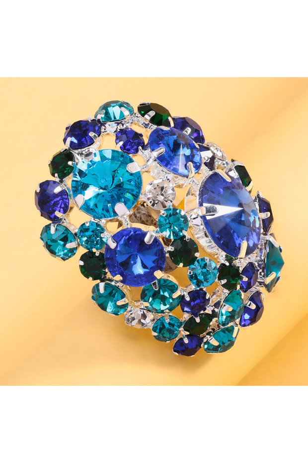 Silver blue Stonefans Colorful Crystal Round Rings Large Wedding Finger Jewelry Christmas Adjustable