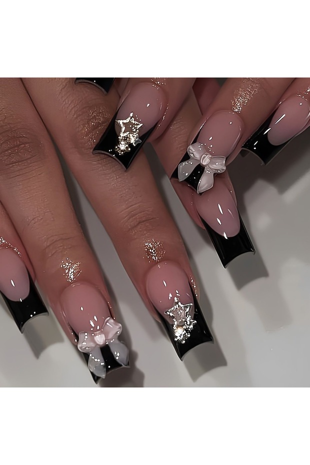 S194 24PCS/1BOX Black French Wearing Sweet and Cool Nail Patch Glitter Love Stars in Europe and Amer