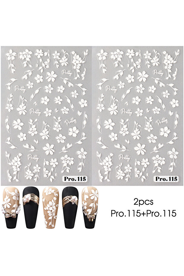 2pcs Pro.115 2pcs White Flower 3D Nail Art Stickers Sakura Blooming Florals Leaf Self-Adhesive Nail