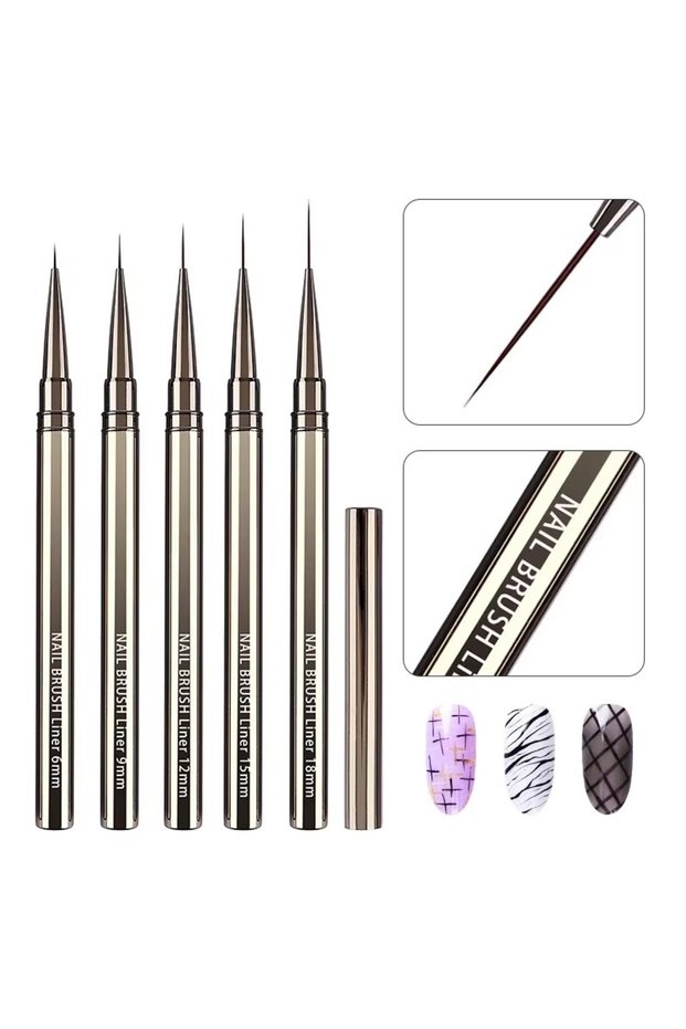 Light Grey 5PCS/set 6/9/12/15/18mm Nail Liner Brush Set Drawing Lines Stripe Painting Flower Pen Nai