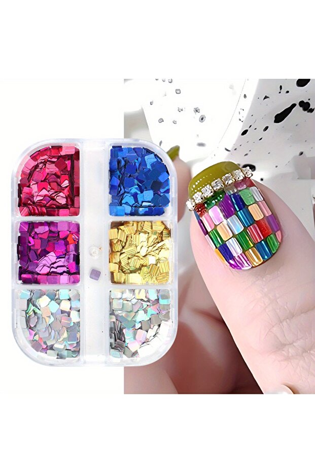 6 Grids LFX 6 Grids Laser Square Nail Art Sequins Mosaic Holographic Simple Glitter Flakes Chessboar