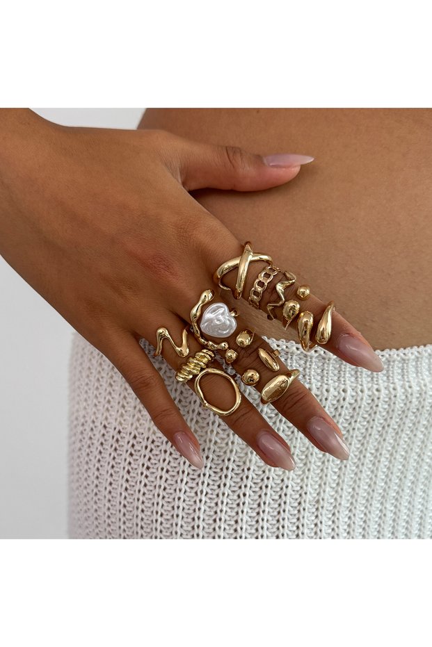 Gold Color Ingemark 12Pcs/Set Vintage Metal Water Drop Open Ring for Women Trend 2025 Creative Geome