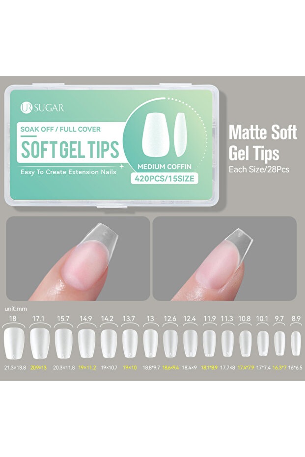 61705-2 UR SUGAR 420PCS/Box Gel Soft Gel Tips Short Almond Mixed Size Nail Tips Fake Nails Full Cove