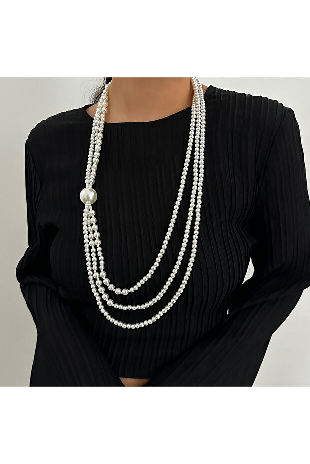 White Ingemark Baroque Multilayer Imitation Pearl Long Chain Necklace Women Creative Elegant Sweater