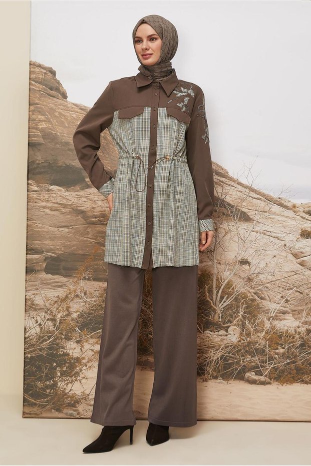 Plaid Tunic with Waist Tie 46176