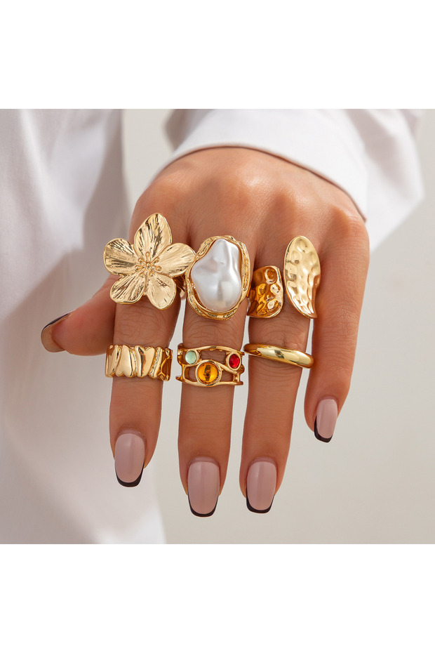 AYAGold2 6/14/20 Pcs Imitation Pearl Flower Zircon Rings Set for Women Vintage Elegant Irregular Gol