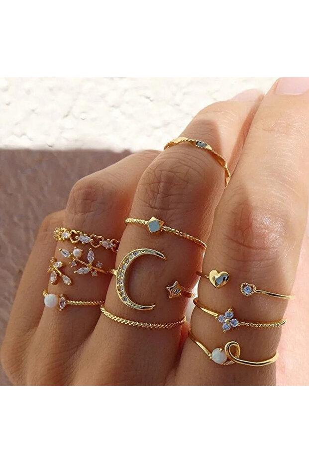 Gold-color 10PCS Set Fashion Rings for Women Vintage Gold Plated Finger Ring Party Jewelry