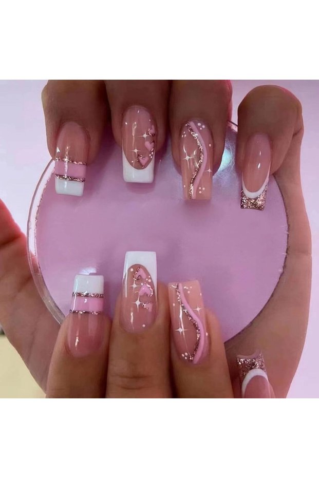 Beige 24 PCs Short French Gradient Love Nails with 1 Jelly Gel and 1 Nail File-For Girl Mother Women