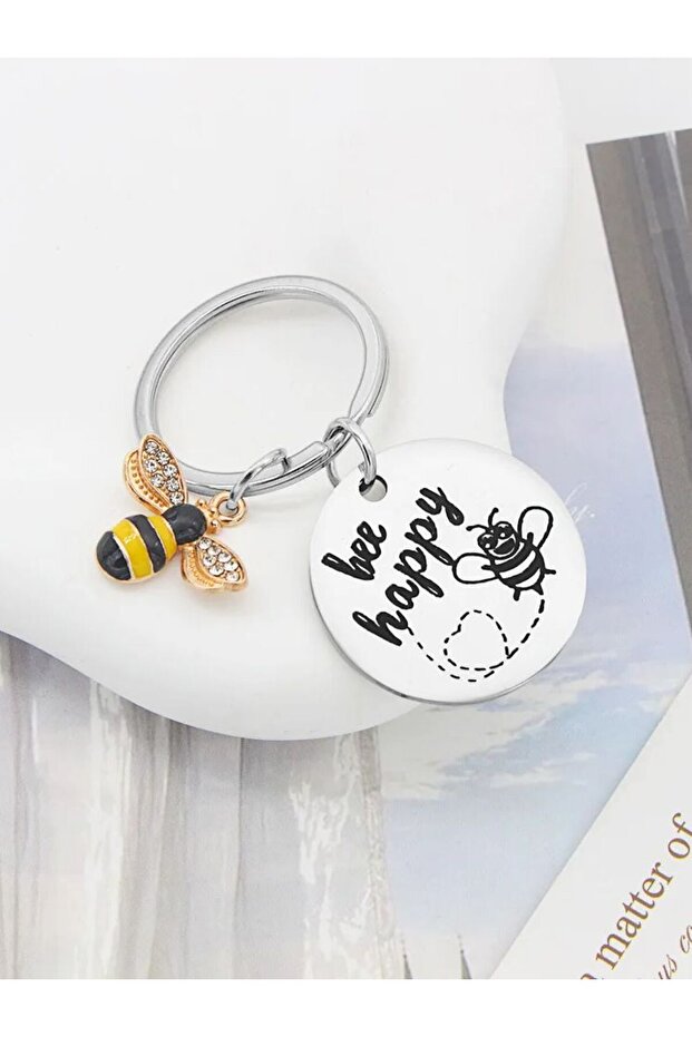 WHITE Stainless Steel Bee Happy Keychain Inspirational Gift Cute Bag Pendant Metal Key Ring Accessor