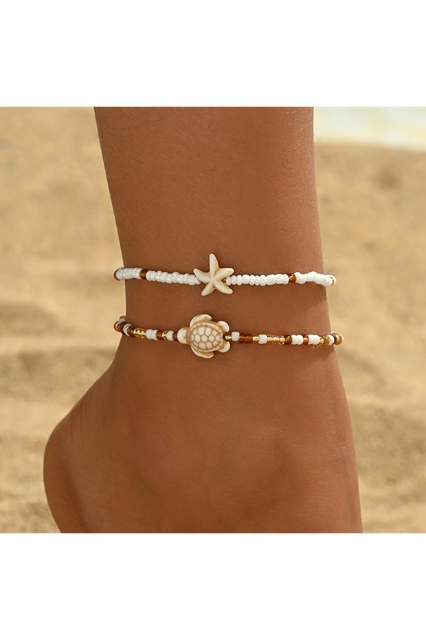 Brown 2pcs Brown Starfish And Turtle Designs Pendant Anklet for Women Summer Ocean Theme Foot Jewelr