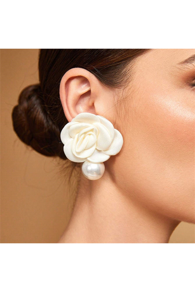 AEH60215 Big Fabric Rose Imitation Pearl Women Drop Earrings Bridal Wedding Romantic Dangle Earring