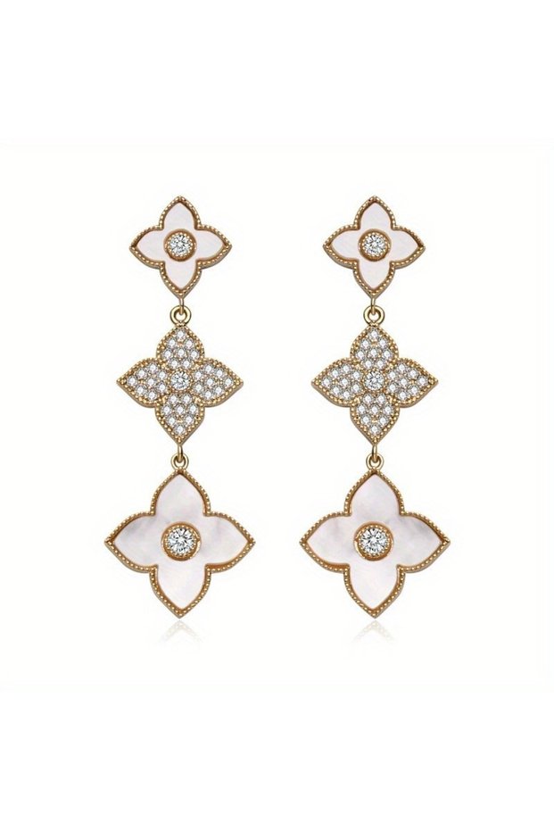 Z2324 1 Golden Color Three-Section Four-Leaf Clover Earrings Fashionable Four Flower Women's Earring