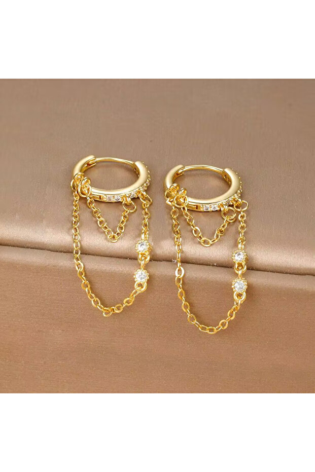 Gold-White-1Pair 1 Pair 99% Pure Titanium Double Pierced Long Chain Tassel Drop Earring for Women Cr