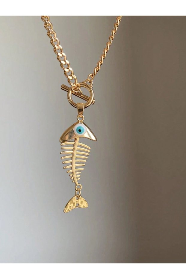 gold Hip Hop Ins Style Fish Bone Pendant Necklace Women Summer Wearing Niche Fashion Jewelry Holiday