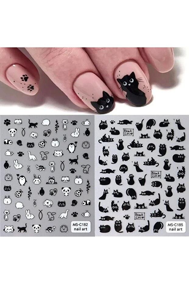 2PCs MS-C182-185 2pcs Black Cat Nail Stickers 3D Cute Cartoon Animal 3D Self-Adhesive Nail Art Decal