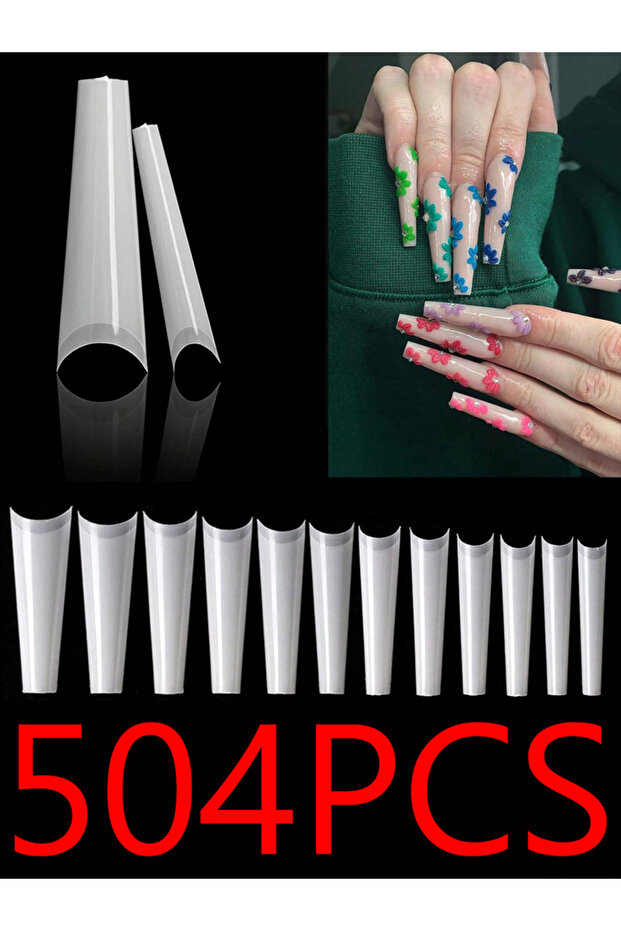 WHITE 504PCS False Nail Art Tips French Natural Transparent Coffin False Nails Tips Acrylic UV Gel N