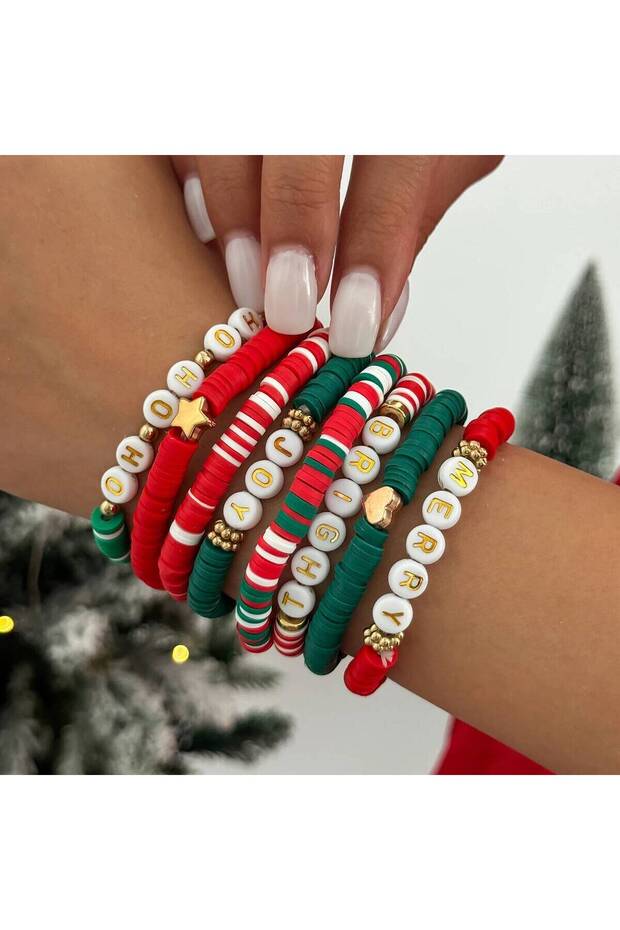 Mixed Color Salircon 8 Pcs Y2K Christmas Series Polymer Clay Bead Adjustable Bangles Women New Year