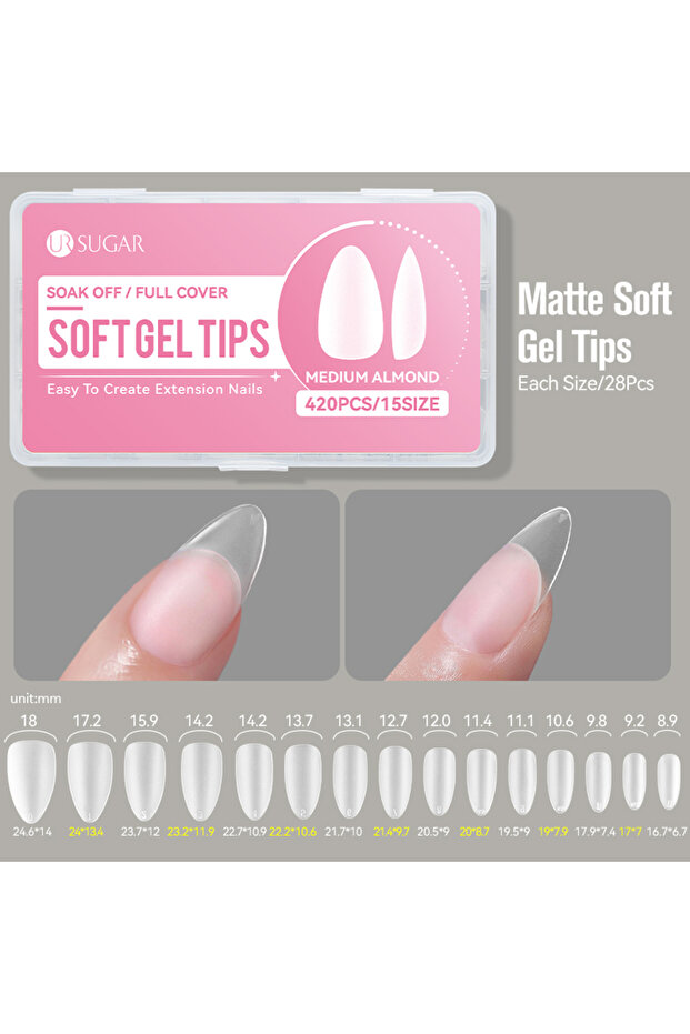 61705-1 UR SUGAR 420PCS/Box Gel Soft Gel Tips Short Almond Mixed Size Nail Tips Fake Nails Full Cove