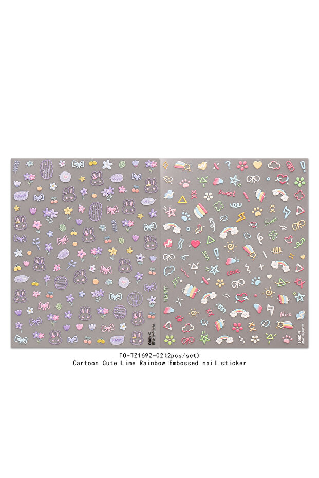 MULTI 2pcs Cartoon Cute Line Rainbow Embossed Nail Art Stickers - Decal, Easy to Apply Nail Decorati