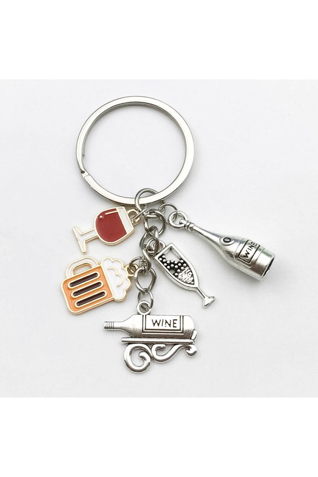 ER379 1Pc Metal Enamel Keychain For Men, Red Wine Glass Keychain For Wine Enthusiast, Party Holiday