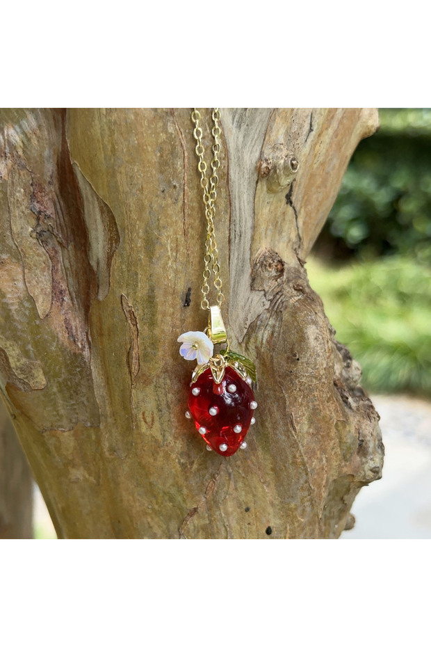 big strawberry Dainty Fruit Lemon Blueberry Strawberry Persimmon Pendant Necklace Cottagecore Flower