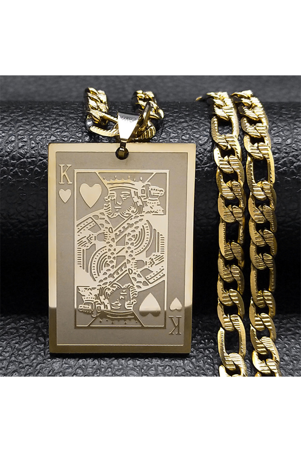 55cm NK 3B1hua GD Poker King Spades Hearts K Pendant Necklace for Men Women Stainless Steel Gold Col