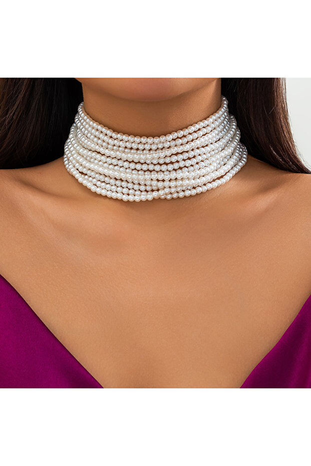 white IngeSight.Z Elegant Multi layered White Imitation Ppearl Beaded Choker Necklace for Women Brid