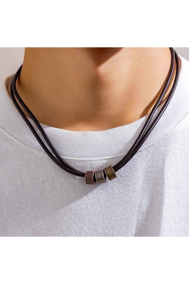 S02 Vintage Pu Leather with Metal Beads Choker Necklace for Men Trendy Collar on the Neck Accessorie