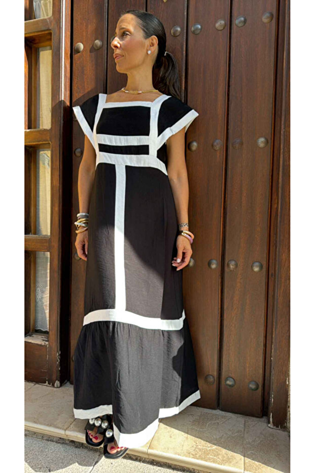 Rochie Lunga cu Dungi in Contrast - 1